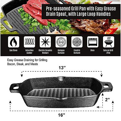Pre-Seasoned Cast Iron Skillet with Dual Handles for Grill, Deep Frying, and Oven Cooking