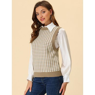 Women's Round Neck Knitted Sleeveless Houndstooth Plaid Sweater