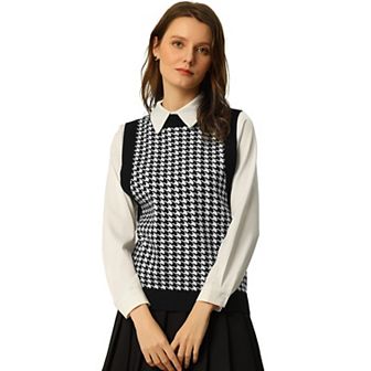 Women's Round Neck Knitted Sleeveless Houndstooth Plaid Sweater