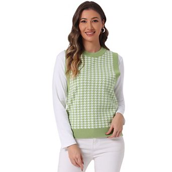 Women's Round Neck Knitted Sleeveless Houndstooth Plaid Sweater