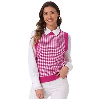 Women's Round Neck Knitted Sleeveless Houndstooth Plaid Sweater