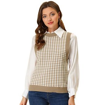 Women's Round Neck Knitted Sleeveless Houndstooth Plaid Sweater
