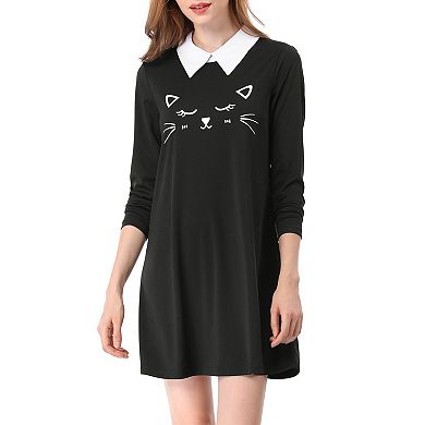 Women's Contrast Collar Long Sleeve Flare Dress