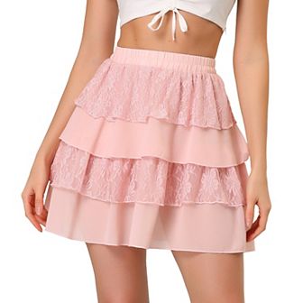 Women's Summer High Waist A-Line Lace Mini Tiered Skirts
