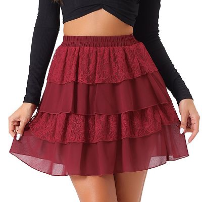 【aclent】Lace layered sweat pleats skirt ensswliz Women Lace Skirt Ruffle Mini Skirt Half Slip Low