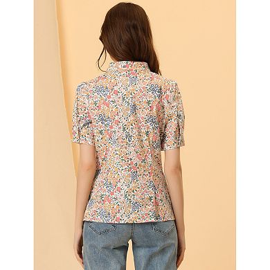 Peter Pan Collar Blouse For Women's Contrast Trim Puffy Sleeve Peasant Floral Shirt