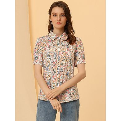Peter Pan Collar Blouse For Women's Contrast Trim Puffy Sleeve Peasant Floral Shirt
