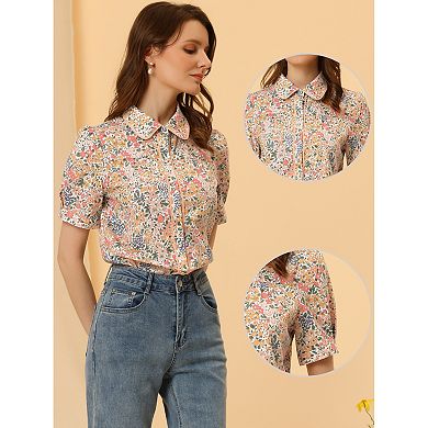 Peter Pan Collar Blouse For Women's Contrast Trim Puffy Sleeve Peasant Floral Shirt