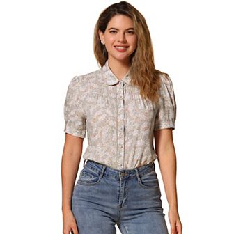 Peter Pan Collar Blouse for Women's Contrast Trim Puffy Sleeve Peasant Floral Shirt