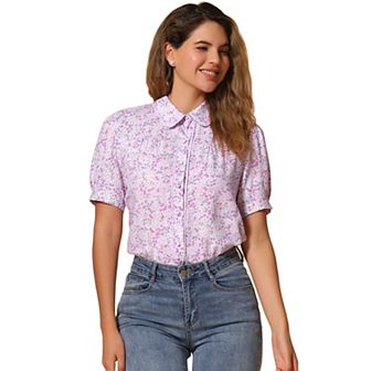 Peter Pan Collar Blouse for Women's Contrast Trim Puffy Sleeve Peasant Floral Shirt