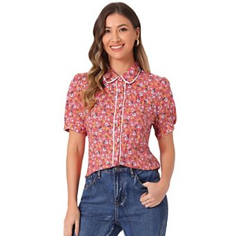 Peter Pan Collar Blouse for Women's Contrast Trim Puffy Sleeve Peasant Floral Shirt