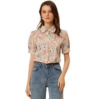 Peter Pan Collar Blouse for Women's Contrast Trim Puffy Sleeve Peasant Floral Shirt