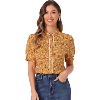 Peter Pan Collar Blouse for Women's Contrast Trim Puffy Sleeve Peasant Floral Shirt