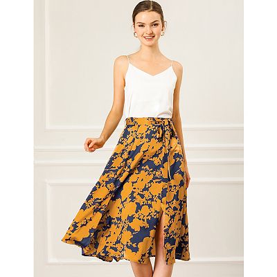 Women s High Elastic Waist Slit A line Belted Floral Print Midi Skirt