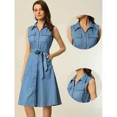 Women's Chambray Dress For Women's Tie Waist Button Front A-line Dress