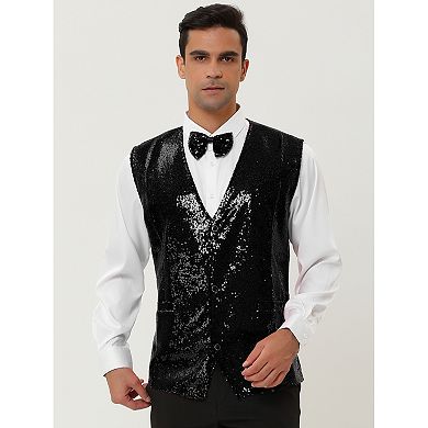 Men's Disco Shiny Sequin Vest Suit Waistcoat Set with Bow Tie