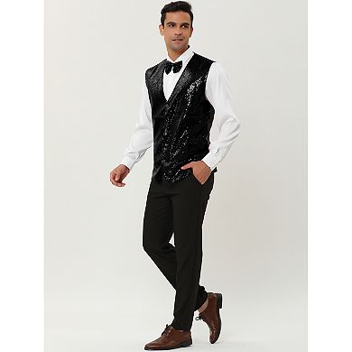 Men's Disco Shiny Sequin Vest Suit Waistcoat Set with Bow Tie