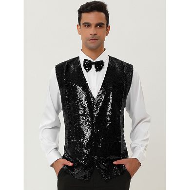 Men's Disco Shiny Sequin Vest Suit Waistcoat Set with Bow Tie