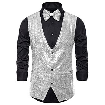 Men's Disco Shiny Sequin Vest Suit Waistcoat Set with Bow Tie