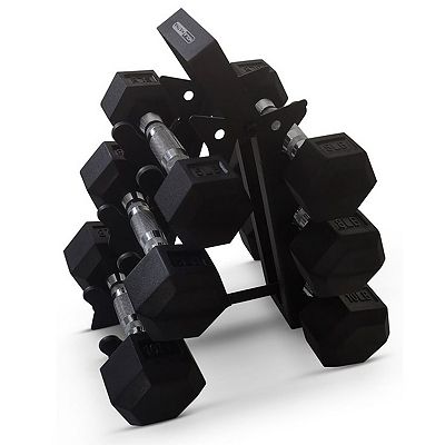 HolaHatha Hexagonal Dumbbell Free Hand Weight Set w Rack 5 8 10 Lbs Black