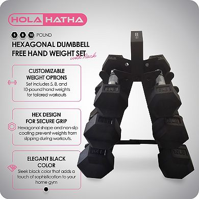 HolaHatha Hexagonal Dumbbell Free Hand Weight Set w/ Rack, 5, 8, & 10 Lbs, Black