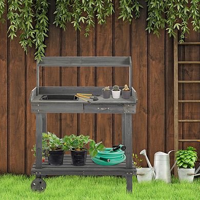 Outdoor Wood Planting Workstation Potting Bench Table W/ Large Storage Spaces