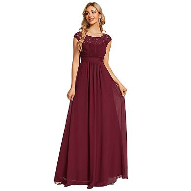 Elegant Chiffon Maxi Evening Dress with Lace Cap Sleeve