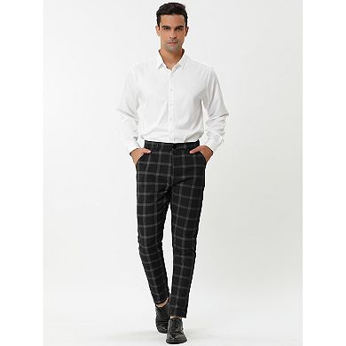 Men's Dress Plaid Slim Fit Flat Front Business Pants with Pockets