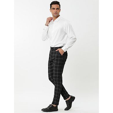 Men's Dress Plaid Slim Fit Flat Front Business Pants with Pockets