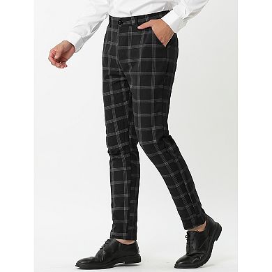 Men's Dress Plaid Slim Fit Flat Front Business Pants with Pockets