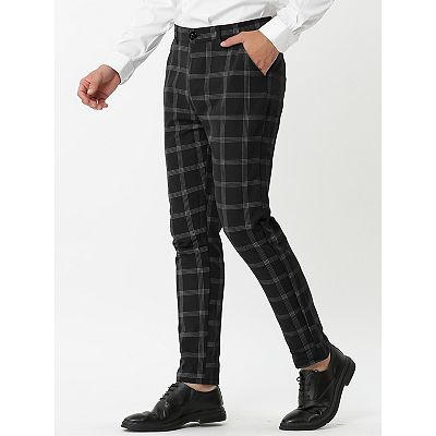 Men's Dress Plaid Slim Fit Flat Front Business Pants With Pockets