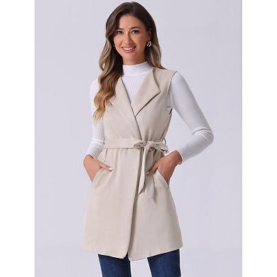 Women's Faux Suede Sleeveless Belt Waist Open Front Long Vest Blazer