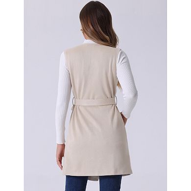 Women's Faux Suede Sleeveless Belt Waist Open Front Long Vest Blazer