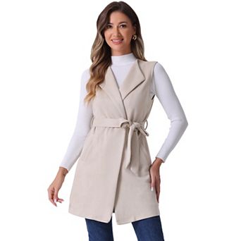 Women's Faux Suede Sleeveless Belt Waist Open Front Long Vest Blazer