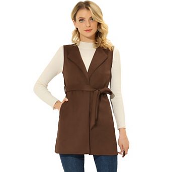 Women's Faux Suede Sleeveless Belt Waist Open Front Long Vest Blazer