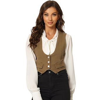 Women's Denim Button Up Scoop Neck Sleeveless Coppped Vest Jacket