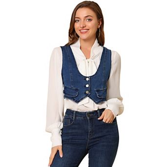 Women's Denim Button Up Scoop Neck Sleeveless Coppped Vest Jacket