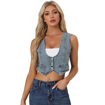 Women's Denim Button Up Scoop Neck Sleeveless Coppped Vest Jacket