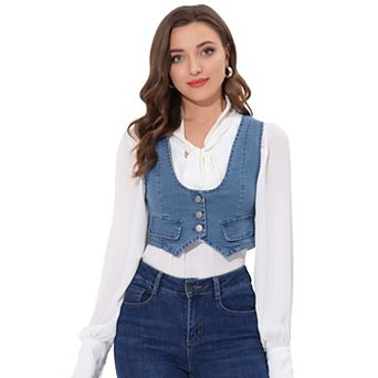 Women's Denim Button Up Scoop Neck Sleeveless Coppped Vest Jacket