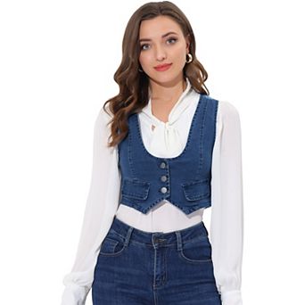 Women's Denim Button Up Scoop Neck Sleeveless Coppped Vest Jacket