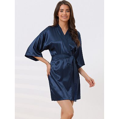 Women's Pajama Silk 3/4 Sleeves Tie Waist Floral Satin Robes