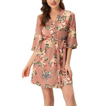 Women's Pajama Silk 3/4 Sleeves Tie Waist Floral Satin Robes
