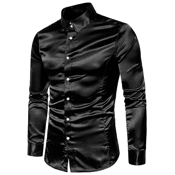 Men's Satin V Neck Long Sleeve Button Down Slim Fit Dress Shirts