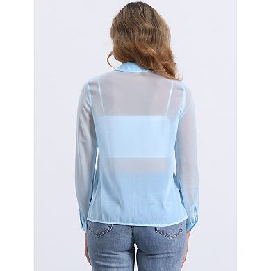 Women's Mesh Sheer Tops Point Collar Long Sleeve Button Down Shirt