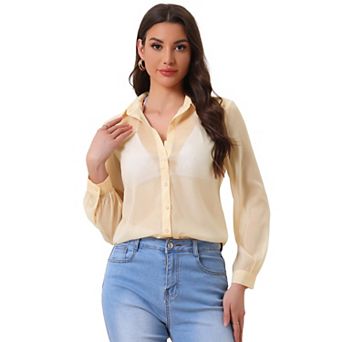 Women's Mesh Sheer Tops Point Collar Long Sleeve Button Down Shirt
