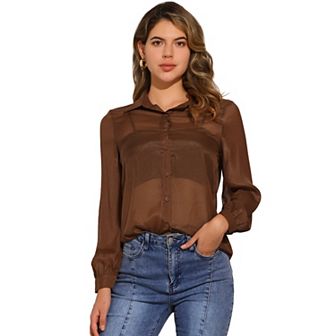 Women's Mesh Sheer Tops Point Collar Long Sleeve Button Down Shirt