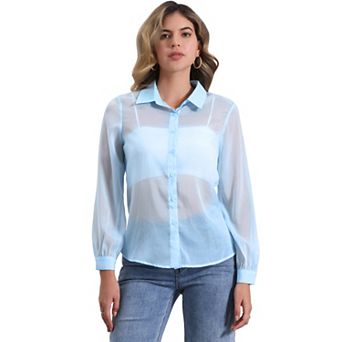Women's Mesh Sheer Tops Point Collar Long Sleeve Button Down Shirt