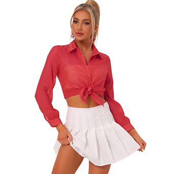 Women's Mesh Sheer Tops Point Collar Long Sleeve Button Down Shirt