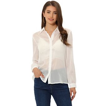 Women's Mesh Sheer Tops Point Collar Long Sleeve Button Down Shirt