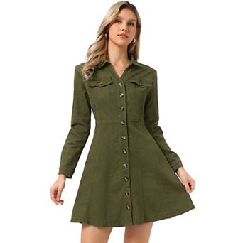 Women's Denim V-Neck Roll Up Sleeve Shirt Dress